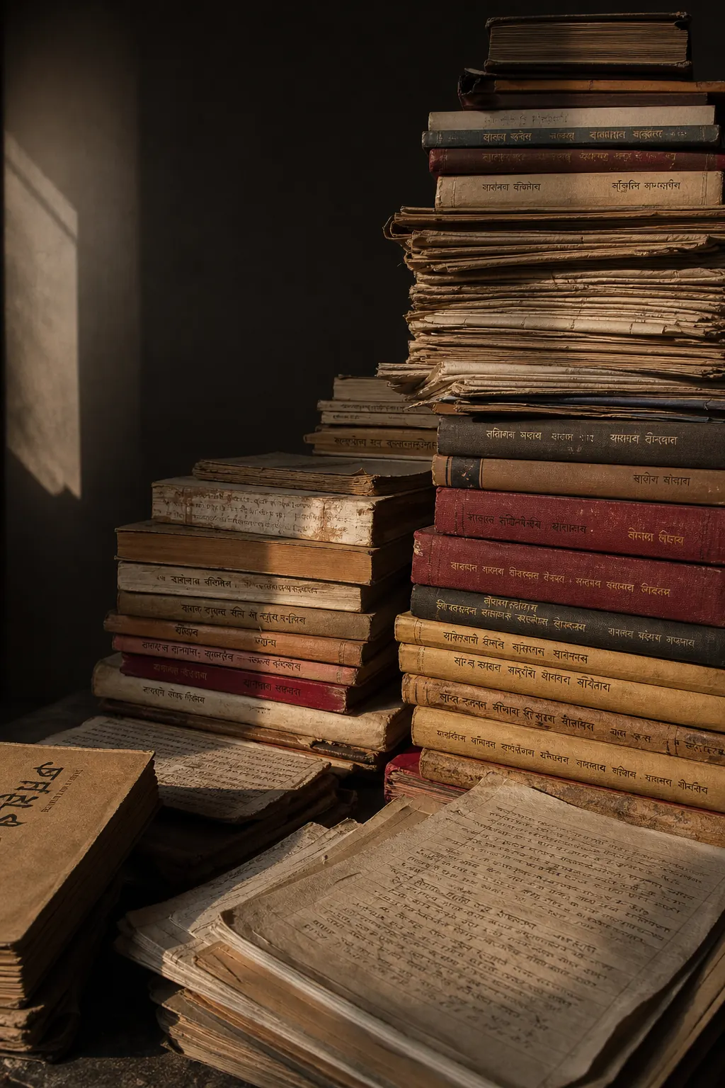 Stacks of Assamese books, newspapers, and archival pages