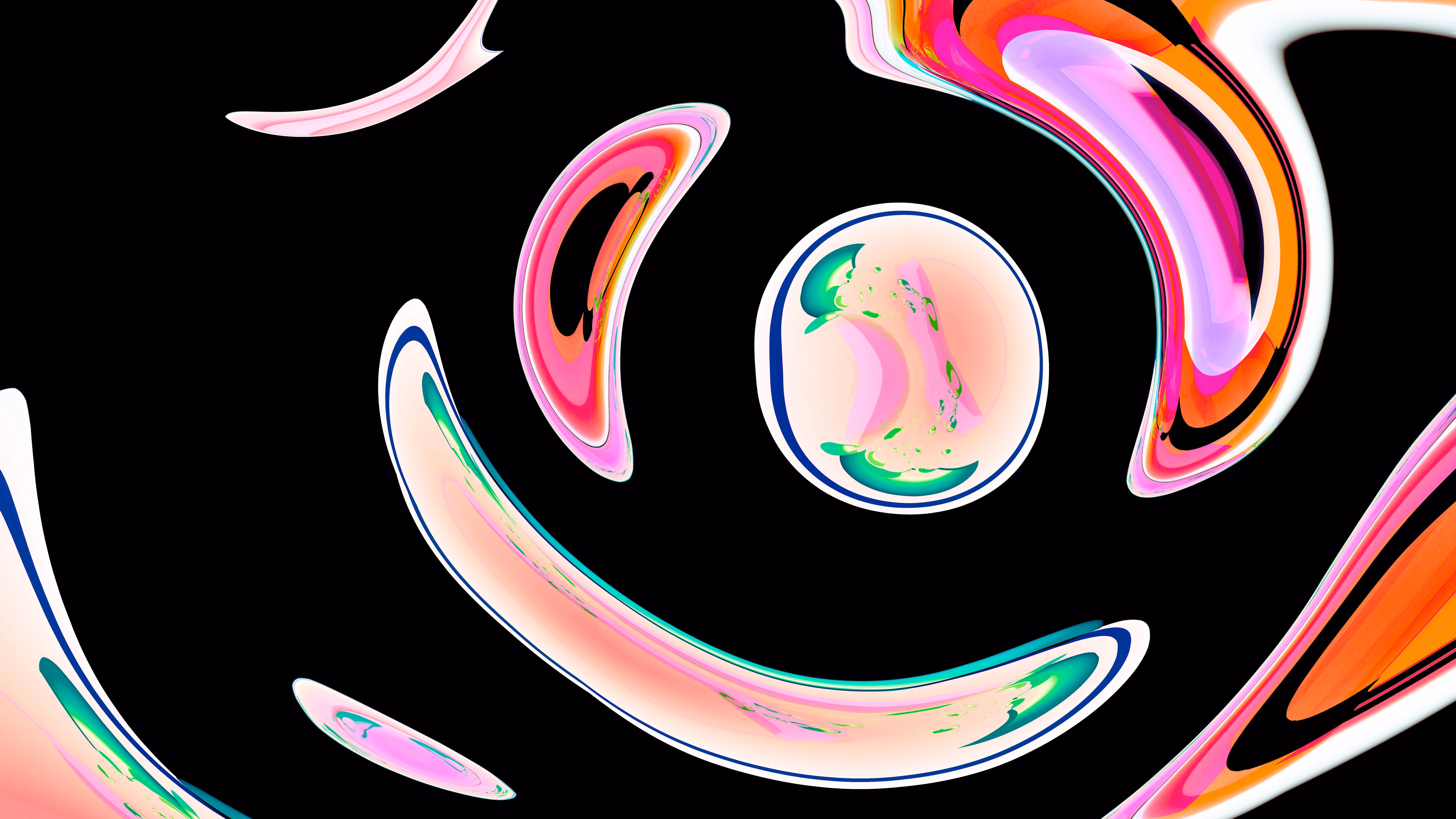 Glossy pink, orange, and teal abstract shapes swirling on a black background