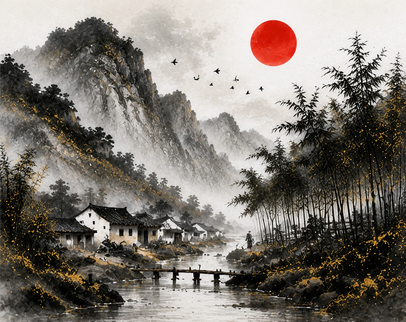 Ink-wash mountain village beside a stream with bamboo, flying birds, and a red sun